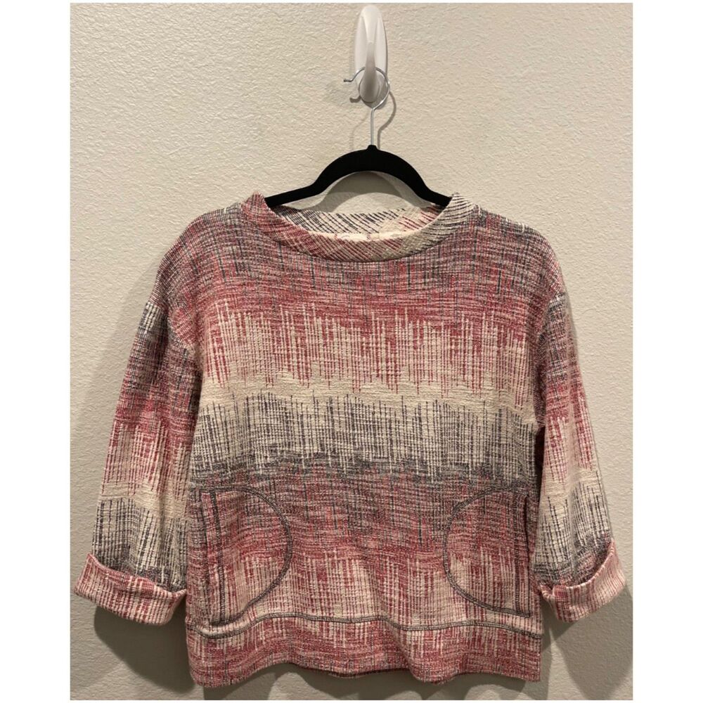 POSTAGE STAMP Textured Knit Pockets 3/4 Sleeve Multicolor Sweater